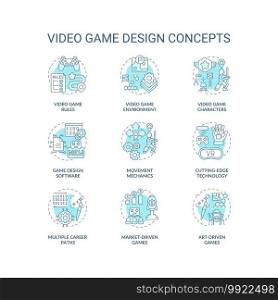Video game design concept icons set. Video game rules. Playing environment improvement. Movement mechanics idea thin line RGB color illustrations. Vector isolated outline drawings. Editable stroke. Video game design concept icons set