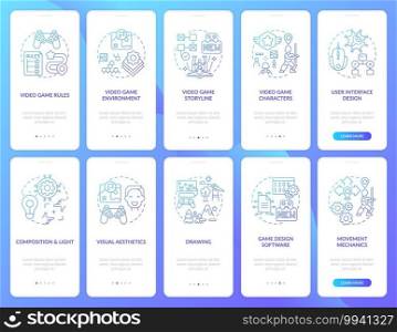 Video game design onboarding mobile app page screen with concepts set. Video game creation process walkthrough 10 steps graphic instructions. UI vector template with RGB color illustrations. Video game design onboarding mobile app page screen with concepts set