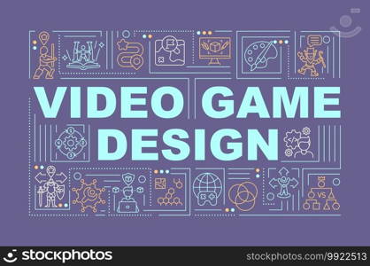 Video game design word concepts banner. Combining art and technology. Games development. Infographics with linear icons on purple background. Isolated typography. Vector outline RGB color illustration. Video game design word concepts banner