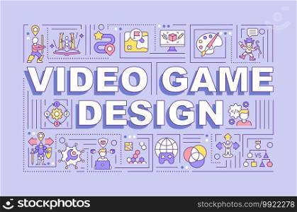 Video game design word concepts banner. Gameplay concept making. Videogames development. Infographics with linear icons on violet background. Isolated typography. Vector outline RGB color illustration. Video game design word concepts banner