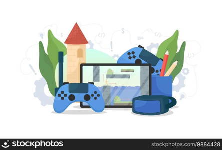 Video game development flat concept vector illustration. VR glasses. Project development and programming. Play on console. Entertainment 2D cartoon scene for web design. Playtest creative idea. Video game development flat concept vector illustration