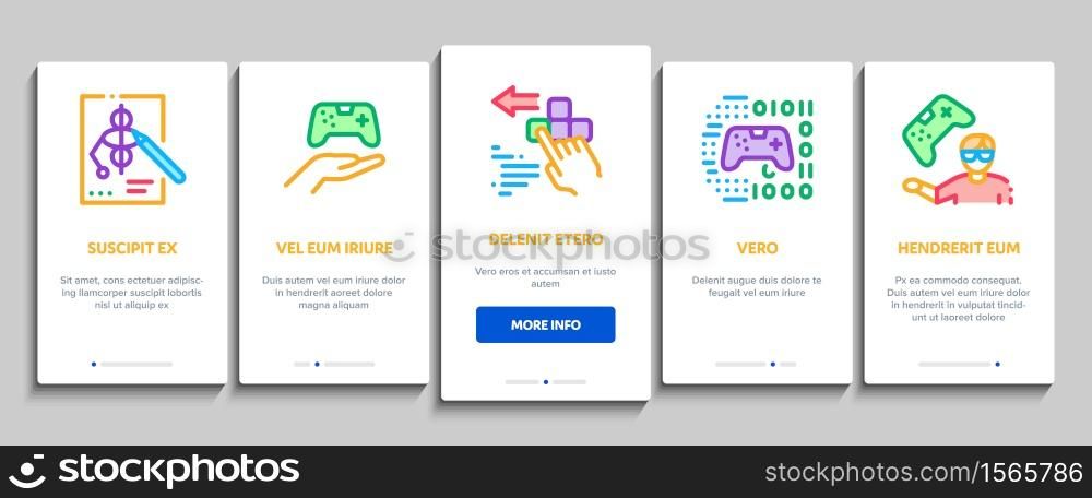 Video Game Development Onboarding Mobile App Page Screen Vector. Game Development, Coding And Design, Developing Phone App And Web Site Illustrations. Video Game Development Onboarding Elements Icons Set Vector