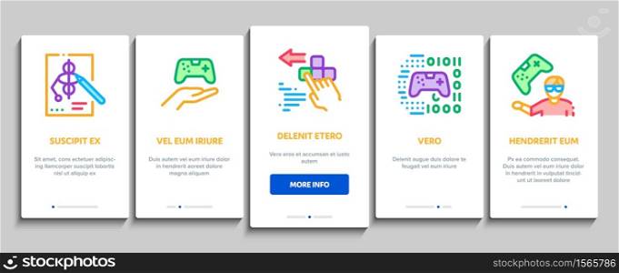 Video Game Development Onboarding Mobile App Page Screen Vector. Game Development, Coding And Design, Developing Phone App And Web Site Illustrations. Video Game Development Onboarding Elements Icons Set Vector
