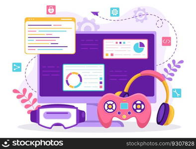 Video Game Development Vector Illustration with Games, Digital Technology, Programming and Coding in Flat Cartoon Hand Drawn Landing Page Templates