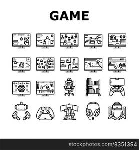 Video Game Electronic And Device Icons Set Vector. Racing Simulator And Simulation, Action And Adventure, Sports And Royal Battle Video Game. Computer And Joystick Console Black Contour Illustrations. Video Game Electronic And Device Icons Set Vector