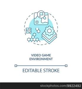Video game environment concept icon. Video game design components. Create hero past story. Create your action idea thin line illustration. Vector isolated outline RGB color drawing. Editable stroke. Video game environment concept icon