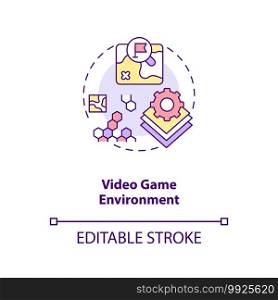 Video game environment concept icon. Video game design components. Create hero storyline. Create your own action idea thin line illustration. Vector isolated outline RGB color drawing. Editable stroke. Video game environment concept icon