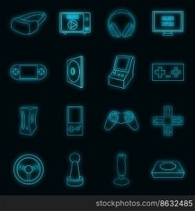 Video game icons set in neon style. Game controllers set collection vector illustration. Video game icons set vector neon