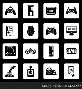 Video game icons set in white squares on black background simple style vector illustration. Video game icons set squares vector