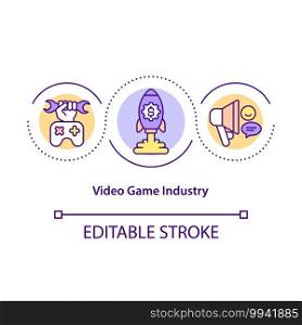 Video game industry concept icon. Videogames development and marketing idea thin line illustration. Global console games market. Vector isolated outline RGB color drawing. Editable stroke. Video game industry concept icon
