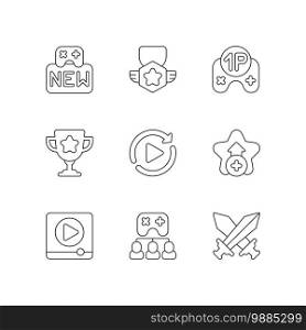 Video game linear icons set. Different videogame modes and interface elements customizable thin line contour symbols. Signs for player UI design. Isolated vector outline illustrations. Editable stroke. Video game linear icons set