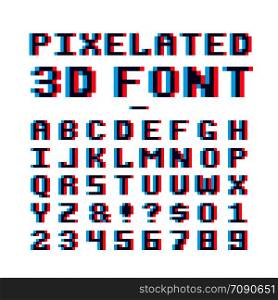 Video game pixelated 3d font. 8 bit pixel art old school latin alphabet with anaglyph distortion effect. Abc retro for game, alphabet pixel and numbe, 8-bit illustration. Video game pixelated 3d font. 8 bit pixel art old school latin alphabet with anaglyph distortion effect
