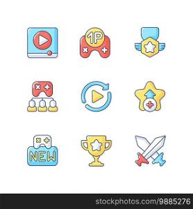 Video game RGB color icons set. Different videogame modes and interface elements. Various menu signs for modern player UI design. Isolated vector illustrations. Video game RGB color icons set