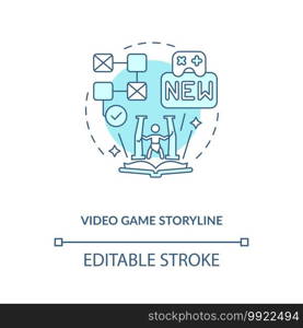 Video game storyline concept icon. Video game design components. Focus on your story. Create your main character idea thin line illustration. Vector isolated outline RGB color drawing. Editable stroke. Video game storyline concept icon