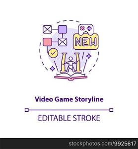 Video game storyline concept icon. Video game design components. Outline your story. Create your main characters idea thin line illustration. Vector isolated outline RGB color drawing. Editable stroke. Video game storyline concept icon