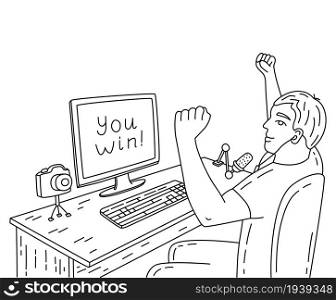 Video game streamer black and white sketch. Young man win the tournament on the internet. Hand drawn doodle vector illustration. The guy sits at the computer