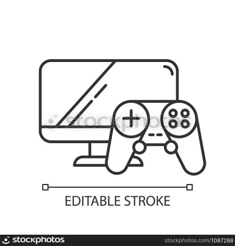 Video games and consoles linear icon. Game controller, monitor screen. E commerce department. Thin line illustration. Contour symbol. Vector isolated outline drawing. Editable stroke