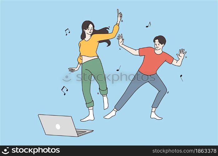 Video games and technologies concept. Young smiling Couple girl and boy cartoon characters Dancing and enjoying playing video online game together vector illustration . Video games and technologies concept