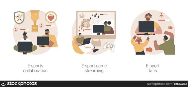 Video games industry abstract concept vector illustration set. eSports collaboration, game streaming, e-sport fan club and community, champion league sponsorship, entertainment abstract metaphor.. Video games industry abstract concept vector illustrations.