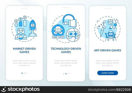 Video games types onboarding mobile app page screen with concepts. Technology driven games walkthrough 3 steps graphic instructions. UI vector template with RGB color illustrations. Video games types onboarding mobile app page screen with concepts