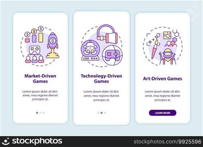 Video games types onboarding mobile app page screen with concepts. Different market driven games walkthrough 3 steps graphic instructions. UI vector template with RGB color illustrations. Video games types onboarding mobile app page screen with concepts