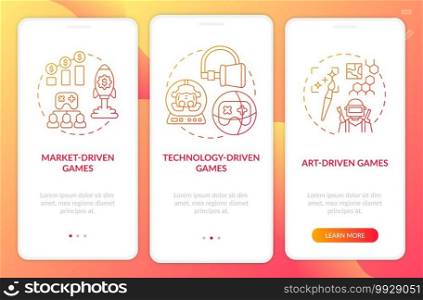 Video games types onboarding mobile app page screen with concepts. Art driven games creation process walkthrough 3 steps graphic instructions. UI vector template with RGB color illustrations. Video games types onboarding mobile app page screen with concepts