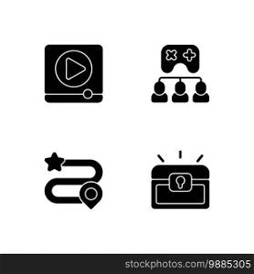 Video gaming black glyph icons set on white space. Watching ads, multiplayer mode, game progress and player inventory silhouette symbols. Electronic entertainment. Vector isolated illustrations. Video gaming black glyph icons set on white space