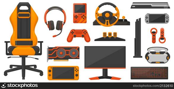 Video gaming equipment, joysticks, gaming chair, console and headphones. Game accessories, playing joystick and computer monitor vector illustration. Game equipment console, gaming accessory gadget. Video gaming equipment, joysticks, gaming chair, console and headphones. Game accessories, playing joystick and computer monitor vector illustration set. Game equipment