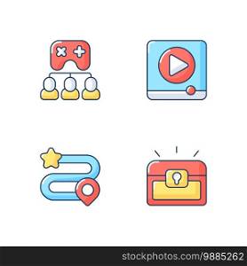 Video gaming RGB color icons set. Watching ads, multiplayer mode, game progress and player inventory. Electronic entertainment. Isolated vector illustrations. Video gaming RGB color icons set