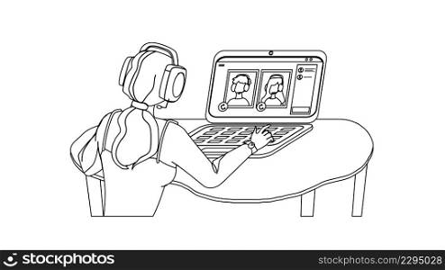 Video Group Call Woman Online Conversation Black Line Pencil Drawing Vector. Young Girl Talking With Family Or Friends On Computer Group Call. Character Communication And Discussion Illustration. Video Group Call Woman Online Conversation Vector