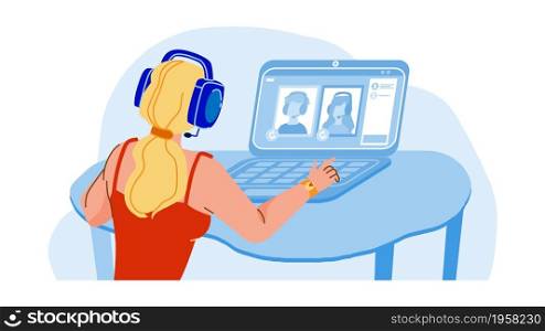 Video Group Call Woman Online Conversation Vector. Young Girl Talking With Family Or Friends On Computer Group Call. Character Communication And Discussion Flat Cartoon Illustration. Video Group Call Woman Online Conversation Vector