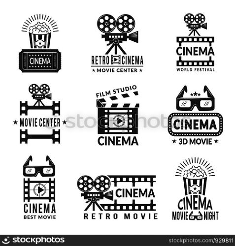 Video labels set. Cinema production badges in monochrome style. Cinema film center, movie and entertainment, production cinematography, vector illustration. Video labels set. Cinema production badges in monochrome style