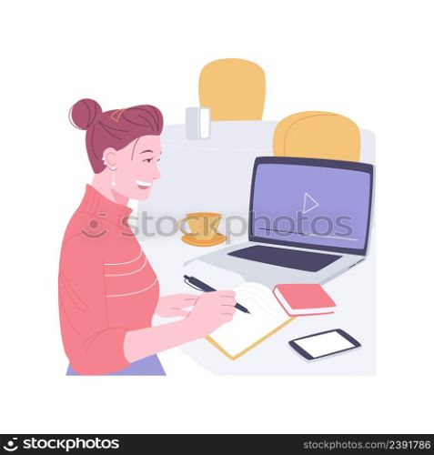 Video lecture isolated cartoon vector illustrations. Smiling young girl studying in cafe, making notes, watching recorded classes, online education, distance learning vector cartoon.. Video lecture isolated cartoon vector illustrations.