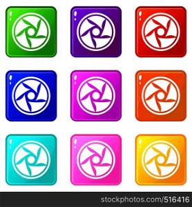 Video lens icons of 9 color set isolated vector illustration. Video lens set 9
