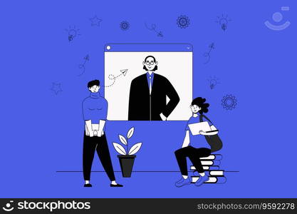 Video lesson web concept with character scene in flat design. People learning online and listening teacher at webinar at educational platform. Vector illustration for social media marketing material.