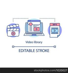 Video library concept icon. Internet vlog content hosting idea thin line illustration. Footage, clips, tape library. Video tutorials. Vector isolated outline drawing. Editable stroke