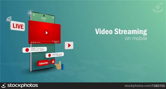 Video Live Streaming Concept, Watch and Live a video streaming on smartphone with social media, Web banner with copy space