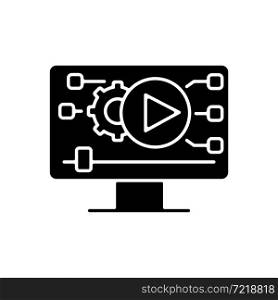 Video making black glyph icon. Social media content creation. Digital technology. Increasing online engagement. Video marketing strategy. Silhouette symbol on white space. Vector isolated illustration. Video making black glyph icon