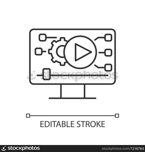 Video making linear icon. Social media content creation. Digital technology. Video marketing. Thin line customizable illustration. Contour symbol. Vector isolated outline drawing. Editable stroke. Video making linear icon