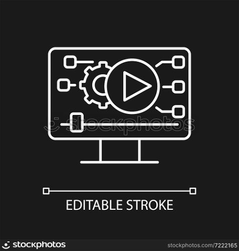 Video making white linear icon for dark theme. Social media content creation. Video marketing. Thin line customizable illustration. Isolated vector contour symbol for night mode. Editable stroke. Video making white linear icon for dark theme