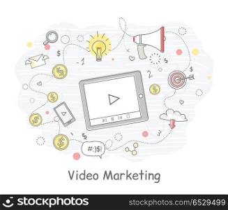 Video Marketing Approaches, Measures and Methods. Video marketing. Approaches, methods and measures to promote products and services based on video. Video marketing business flat. Online video, internet marketing technology and media social marketing