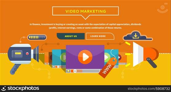 Video Marketing. Approaches, methods and measures to promote products and services based on video. Business concept for web banner, presentation. Working with digital content and advertising.