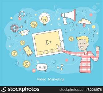 Video marketing. Approaches, methods and measures to promote products and services based on video. Video marketing business flat. Online video, internet marketing technology and media social marketing