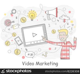 Video marketing business design flat. Online video, internet marketing, business web, internet technology and media social marketing, network online, vector illustration