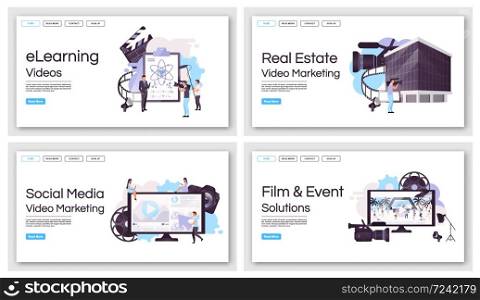 Video marketing production landing page vector templates set. Film and event shooting website interface idea with flat illustrations. Filmmaking homepage layout. Web banner, webpage cartoon concept