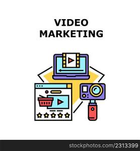 Video Marketing Vector Icon Concept. Camera Digital Device And Computer Software For Creation And Making Video Marketing, Business Occupation Create Media Advertisement Color Illustration. Video Marketing Vector Concept Color Illustration