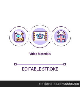 Video materials concept icon. Creating creative content for school lessons. Explaining new language to students idea thin line illustration. Vector isolated outline RGB color drawing. Editable stroke. Video materials concept icon