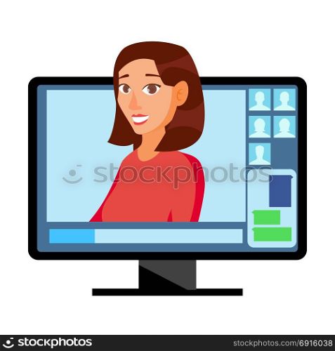 Video Meeting Online Vector. Man And Chat. Ceo And Employees. Business Meeting, Consultation, Conference Office, Seminar, Online Training Concept. Flat Cartoon Isolated Illustration. Video Meeting Online Vector. Man And Chat. Ceo And Employees. Business Meeting, Consultation, Conference Office, Seminar, Online Training Concept. Flat Cartoon Isolated