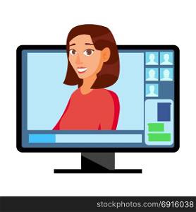 Video Meeting Online Vector. Man And Chat. Ceo And Employees. Business Meeting, Consultation, Conference Office, Seminar, Online Training Concept. Flat Cartoon Isolated Illustration. Video Meeting Online Vector. Man And Chat. Ceo And Employees. Business Meeting, Consultation, Conference Office, Seminar, Online Training Concept. Flat Cartoon Isolated