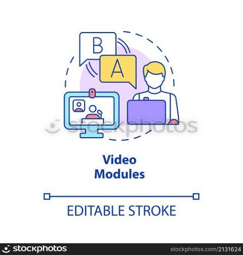 Video modules concept icon. Watch video instructions. Electronic learning abstract idea thin line illustration. Isolated outline drawing. Editable stroke. Roboto-Medium, Myriad Pro-Bold fonts used. Video modules concept icon